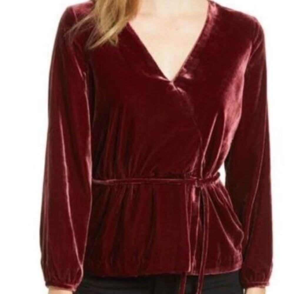 J. Crew Velvet Top Burgundy Faux Wrap Draped Blouse Long Sleeve Size 6 J4962